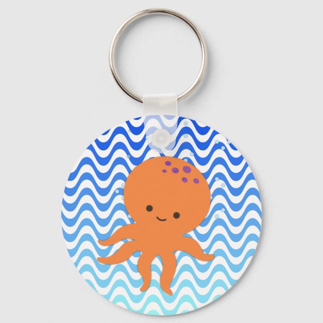 Cute Octopus Cartoon Blue Waves Key Ring (Front)
