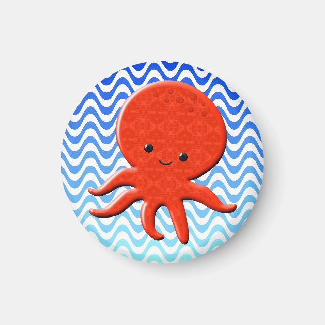 Cute Octopus Cartoon Blue Waves Magnet (Front)