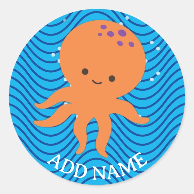 Cute Octopus Cartoon Blue Waves Pattern Classic Round Sticker (Front)
