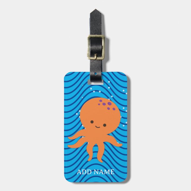 Cute Octopus Cartoon Blue Waves Pattern Luggage Tag (Front Vertical)