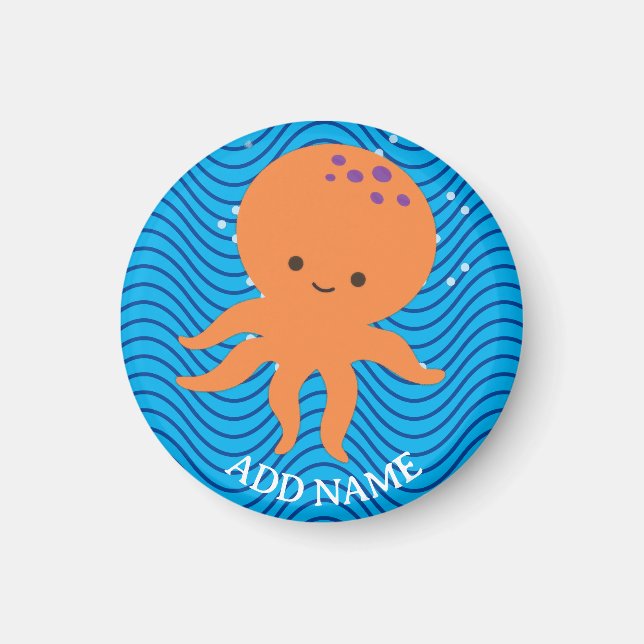 Cute Octopus Cartoon Blue Waves Pattern Magnet (Front)
