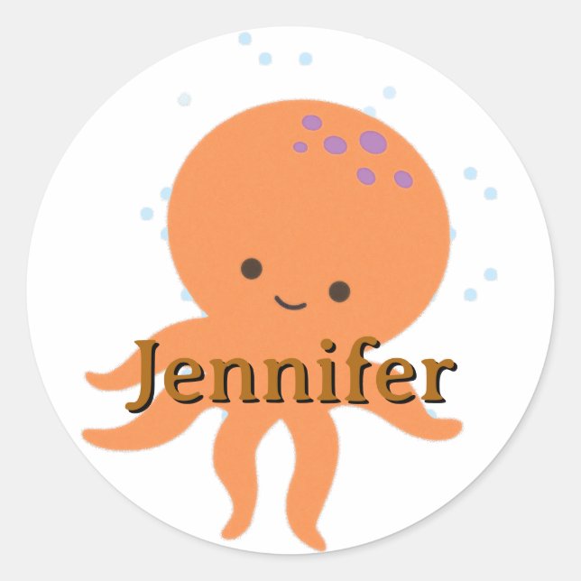 Cute Octopus Cartoon Customised Name Classic Round Sticker (Front)