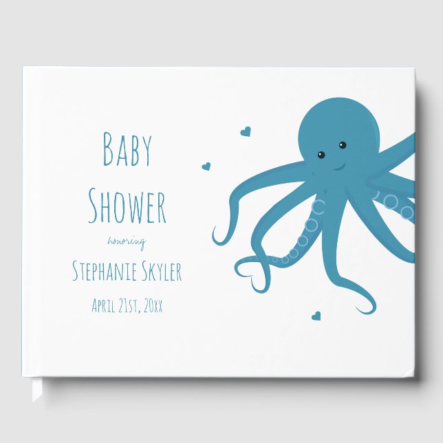 Cute Octopus Cartoon Heart Blue Baby Shower Guest Book (Front)