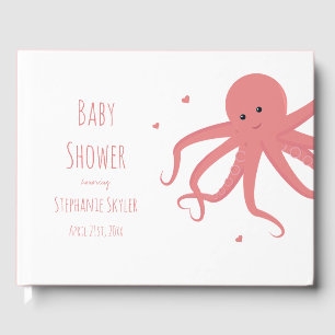 Cute Octopus Cartoon Heart Pink Baby Shower Guest Book