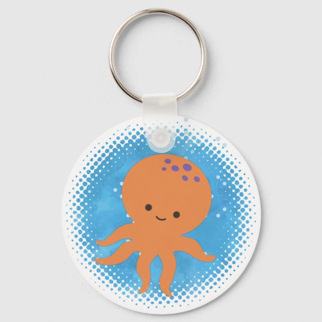Cute Octopus Cartoon Watercolor Background Key Ring (Back)