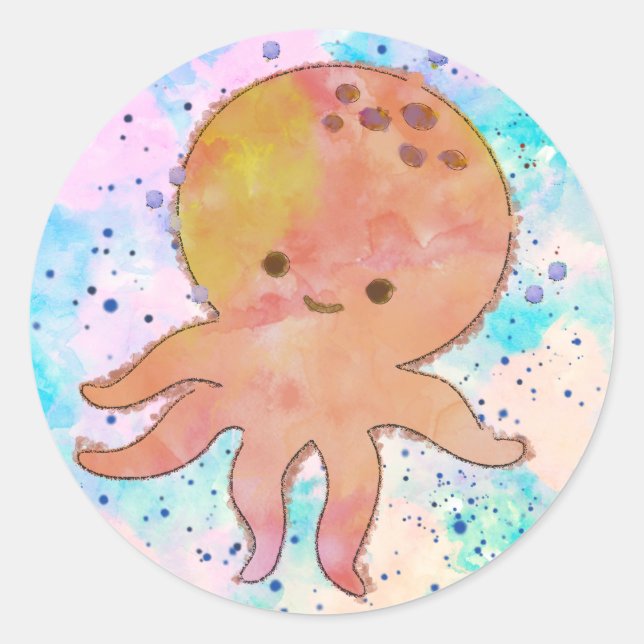 Cute Octopus Cartoon Watercolor Classic Round Sticker (Front)