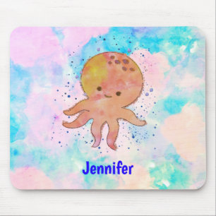 Cute Octopus Cartoon Watercolor Custom Name Mouse Pad