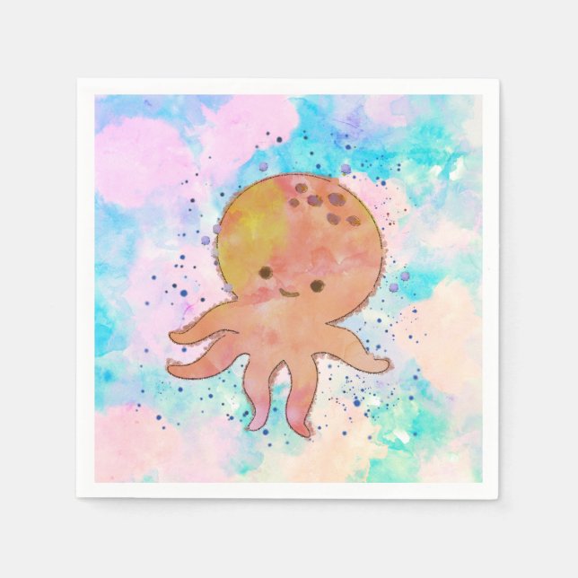 Cute Octopus Cartoon Watercolor Napkin (Front)