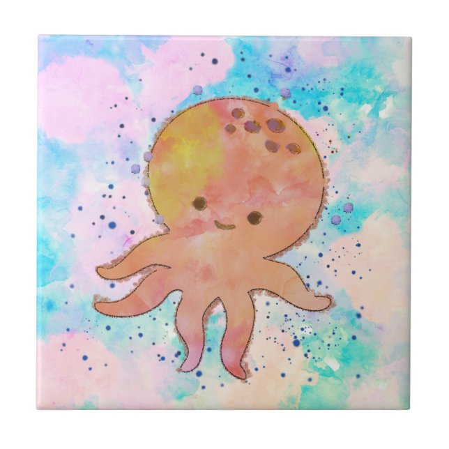 Cute Octopus Cartoon Watercolor Tile (Front)