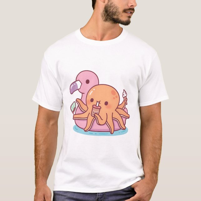 Cute Octopus Chilling on Pink Flamingo Float T-Shirt (Front)