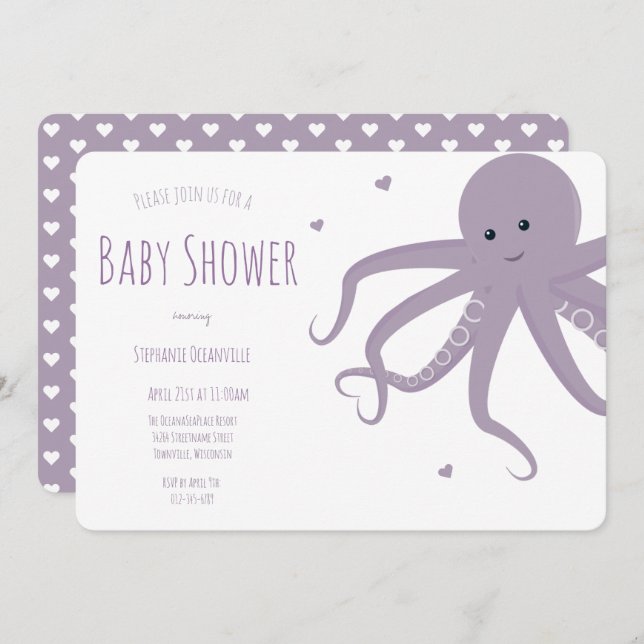 Cute Octopus Heart Purple Horizontal Baby Shower Invitation (Front/Back)