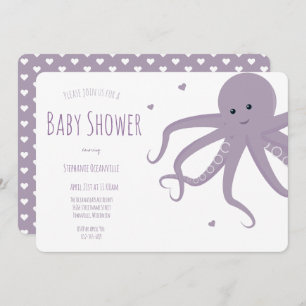 Cute Octopus Heart Purple Horizontal Baby Shower Invitation
