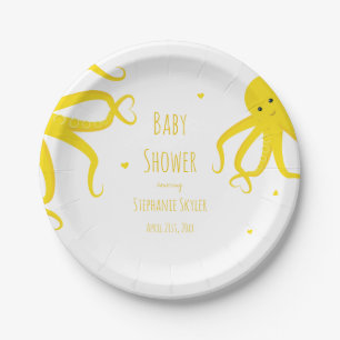 Cute Octopus Heart Yellow Baby Shower Paper Plate