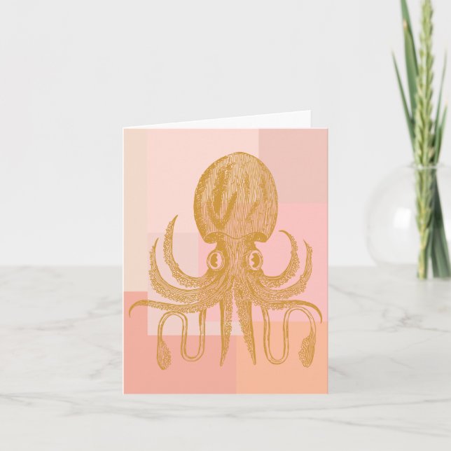 Cute Octopus Illustration in Pink and Gold Card (Front)