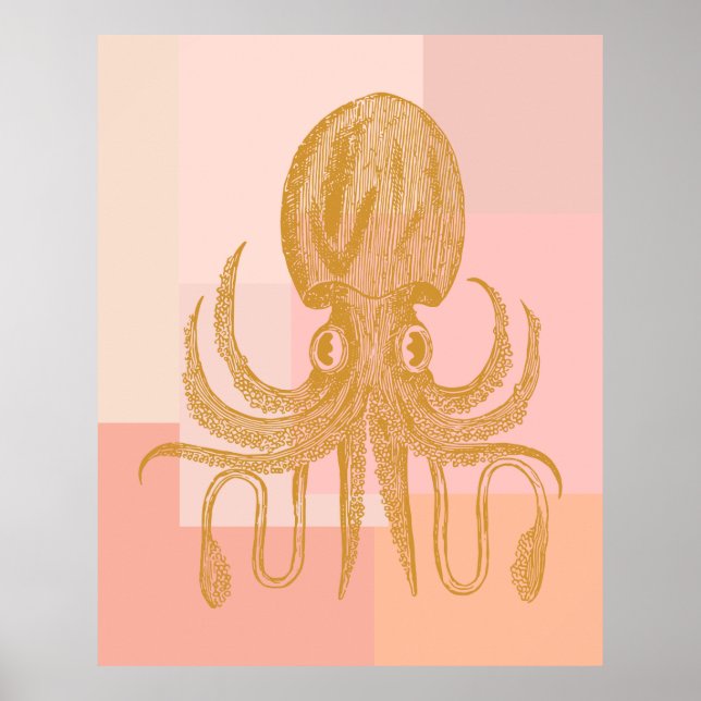 Cute Octopus Illustration in Pink and Gold Poster (Front)