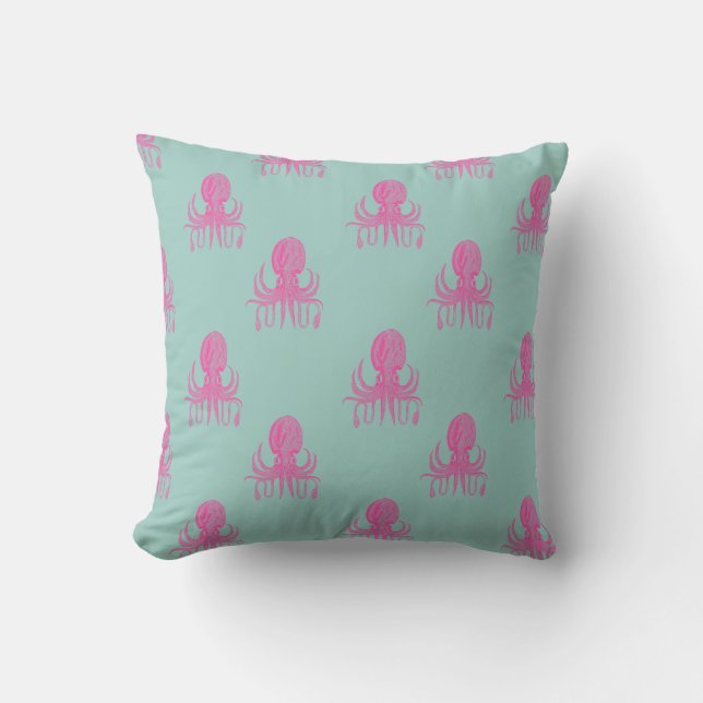 Cute Octopus Illustration Pattern Aqua and Fuchsia Cushion (Front)