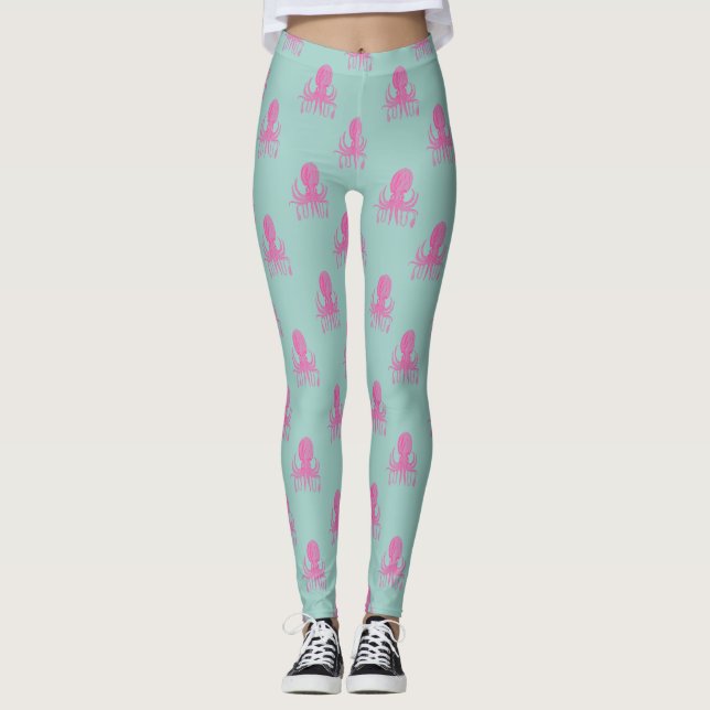 Cute Octopus Illustration Pattern Aqua and Fuchsia Leggings (Front)