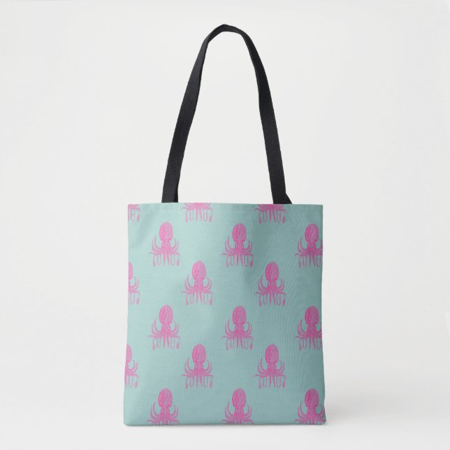 Cute Octopus Illustration Pattern Aqua and Fuchsia Tote Bag (Front)