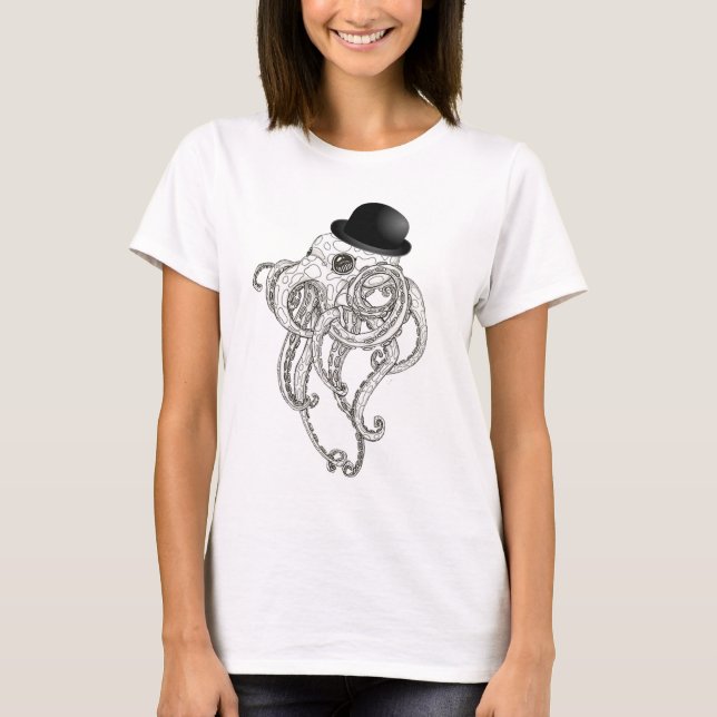 cute octopus in bowler hat steampunk tshirt (Front)