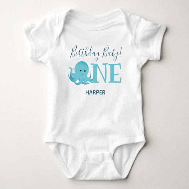 Cute Octopus One Name First Birthday Baby Bodysuit (Front)