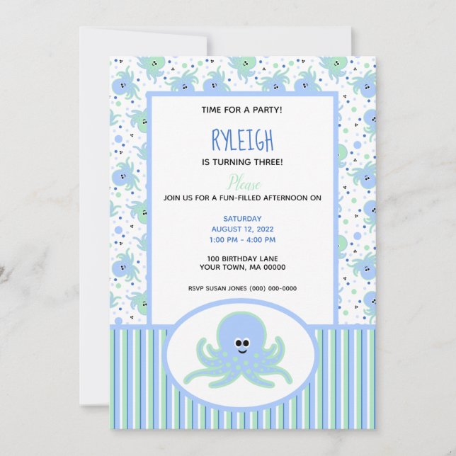 Cute Octopus Pastel Blue and Green Birthday  Invitation (Front)