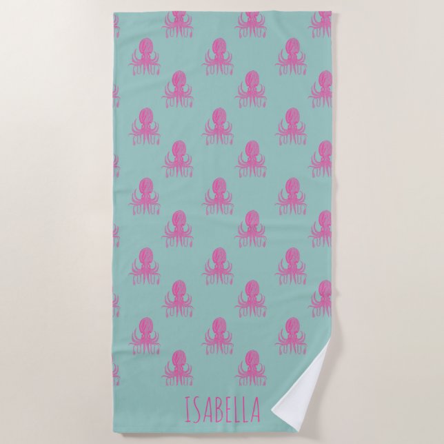 Cute Octopus Pattern Aqua Pink Personalised Beach Towel (Front)