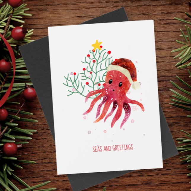 Cute Octopus Seas and Greetings Christmas Tree Holiday Postcard (Creator Uploaded)
