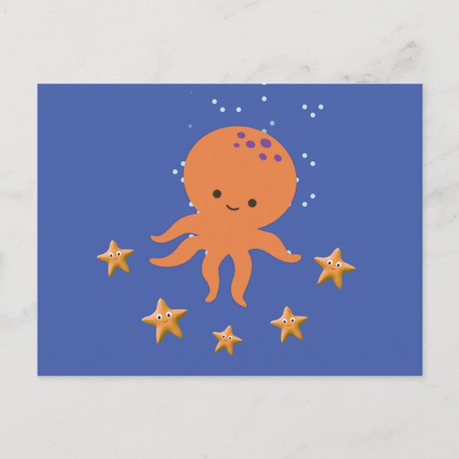 Cute Octopus Starfish Cartoon Postcard (Front)