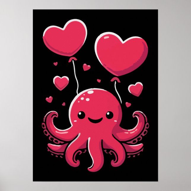 Cute Octopus with Heart Balloons, Valentine's Day Poster (Front)