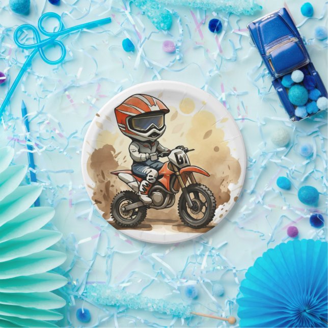 Cute Off-Road Motorcycle Birthday Paper Plate (Party)