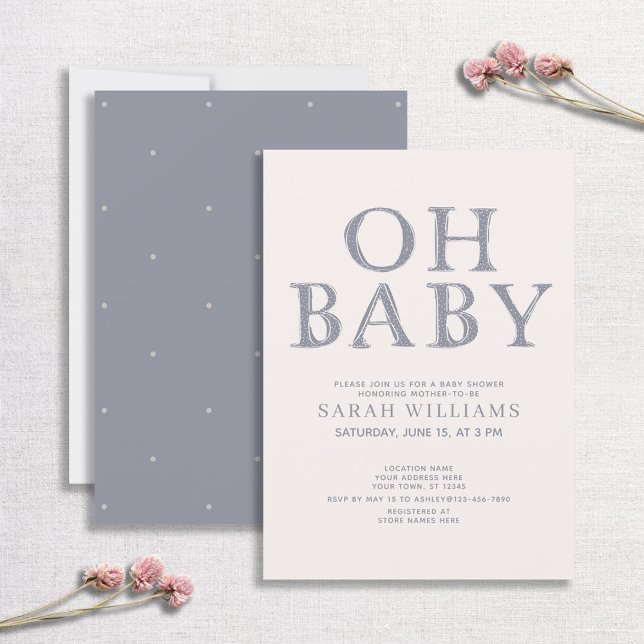 Cute Oh Baby Blue Dots Minimal Baby Shower Invitation (Creator Uploaded)