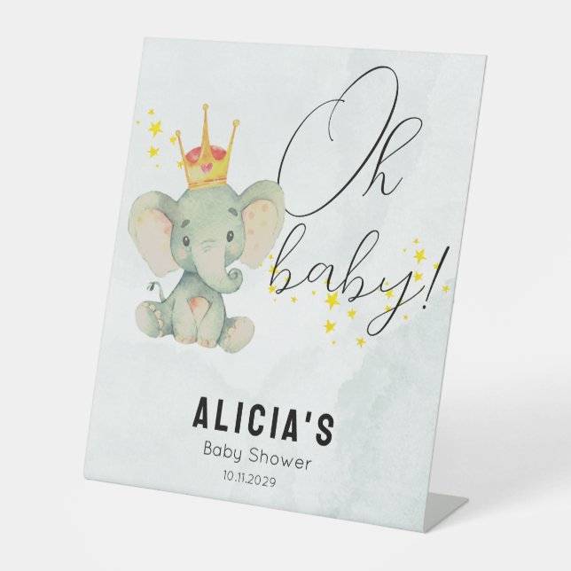 Cute Oh Baby Gender Neutral Elephant Baby Shower  Pedestal Sign (Front)