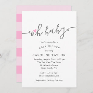 Cute Oh Baby Pink Heart Girl Baby Shower Invitation