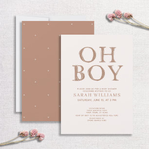 Cute Oh Boy Brown Dots Minimal Baby Shower Invitation