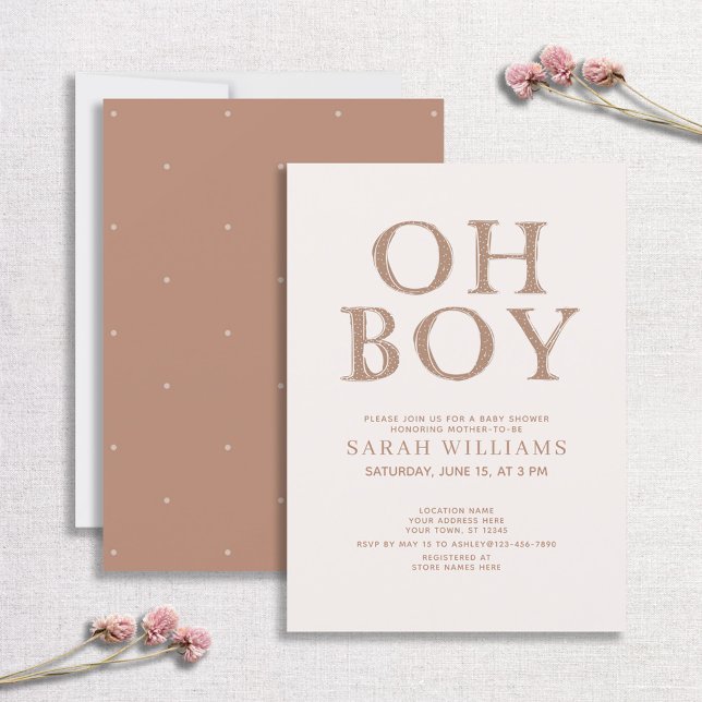 Cute Oh Boy Brown Dots Minimal Baby Shower Invitation (Creator Uploaded)