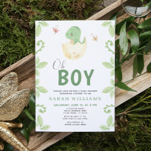 Cute Oh Boy Dinosaur Green Watercolor Baby Shower Invitation