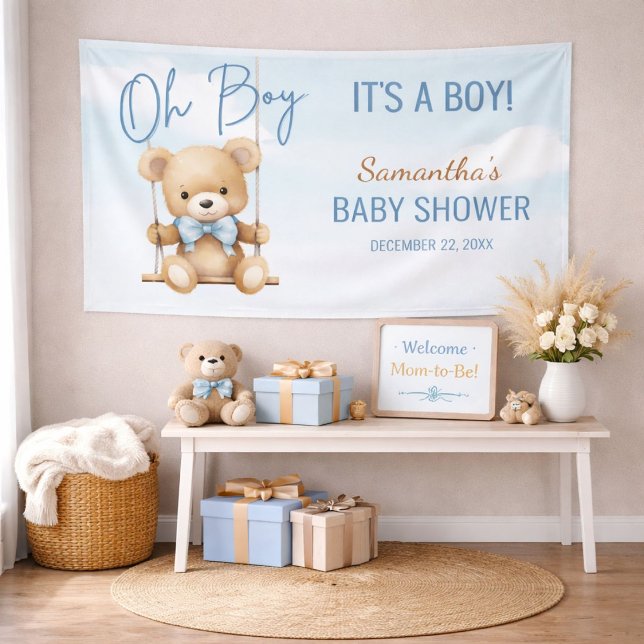 Cute Oh Boy It's A Boy Bear Baby Shower Backdrop Banner (Teddy bear baby shower backdrop styled in a cozy Oh Boy themed celebration setup)