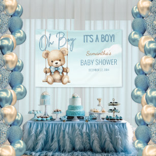 Cute Oh Boy It's A Boy Bear Baby Shower Backdrop Banner