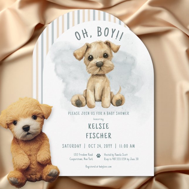 Cute Oh Boy Puppy Blue Arch Baby Shower Invitation (Creator Uploaded)