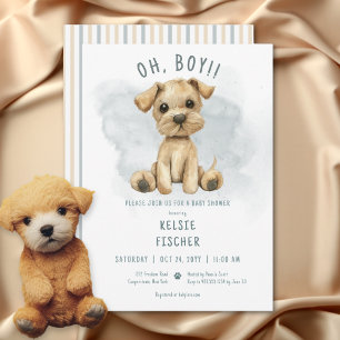 Cute Oh Boy Puppy Blue Baby Shower Invitation