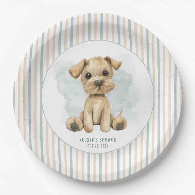 Cute Oh Boy Puppy Blue Baby Shower Paper Plate (Front)