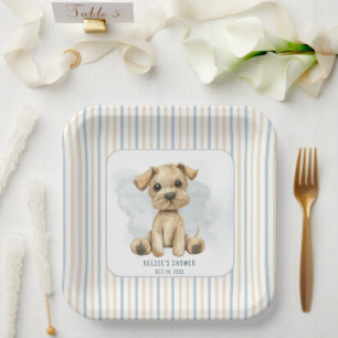 Cute Oh Boy Puppy Blue Baby Shower Paper Plate