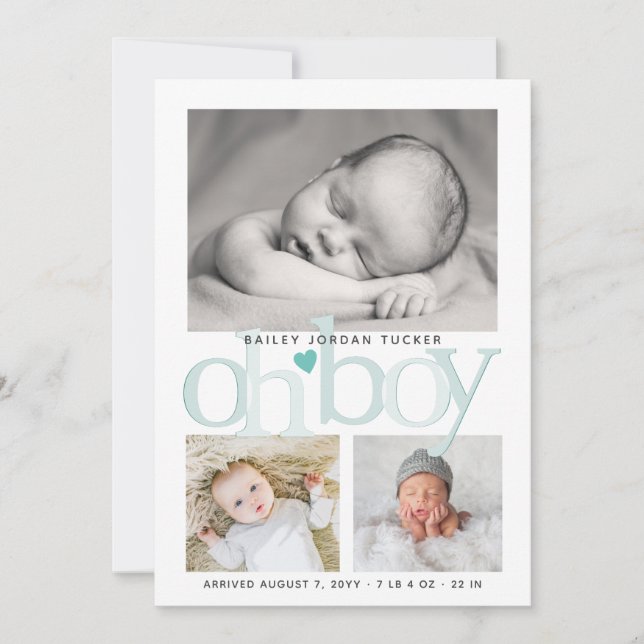 Cute Oh Boy Teal Blue Heart Collage Photo Birth Announcement (Front)