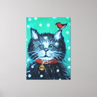 Cute Oil Painting Cat with Bird Christmas Greeting Canvas Print