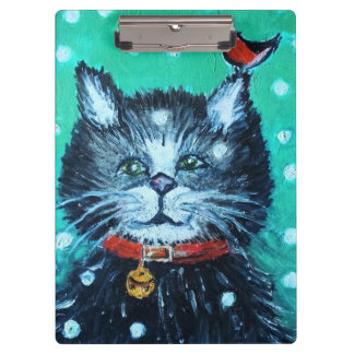 Cute Oil Painting Cat with Bird Christmas Greeting Clipboard