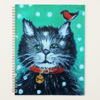 Cute Oil Painting Cat with Bird Christmas Greeting Planner