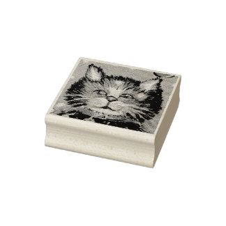 Cute Oil Painting Cat with Bird Christmas Greeting Rubber Stamp
