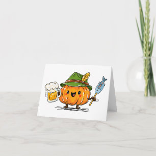 Cute Oktoberfest Pumpkin with Beer and Fish Holiday Card
