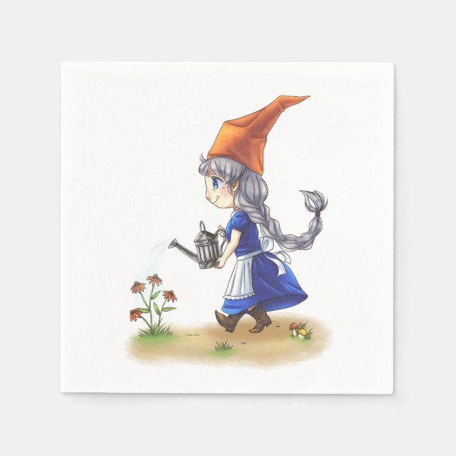 Cute Old Lady Gnome Watering Flowers Napkin (Front)
