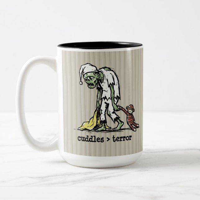 Cute Old Man Zombie Sock Monkey Toy Funny Phrase Two-Tone Coffee Mug (Left)